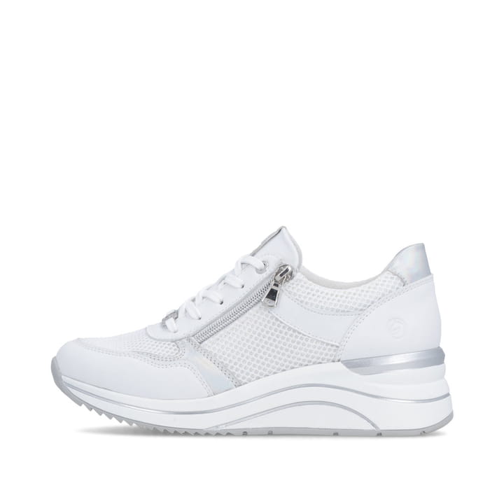 Weiße vegane remonte Damen Sneaker Low D0T19-80 mit einem Reißverschluss. Schuh Außenseite.