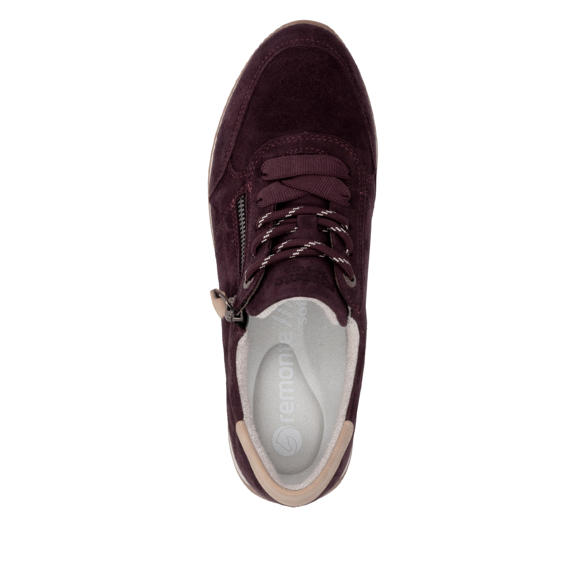Weinrot-beige remonte Damen Sneaker D0H19-30 mit einem Reißverschluss. Schuh von oben.