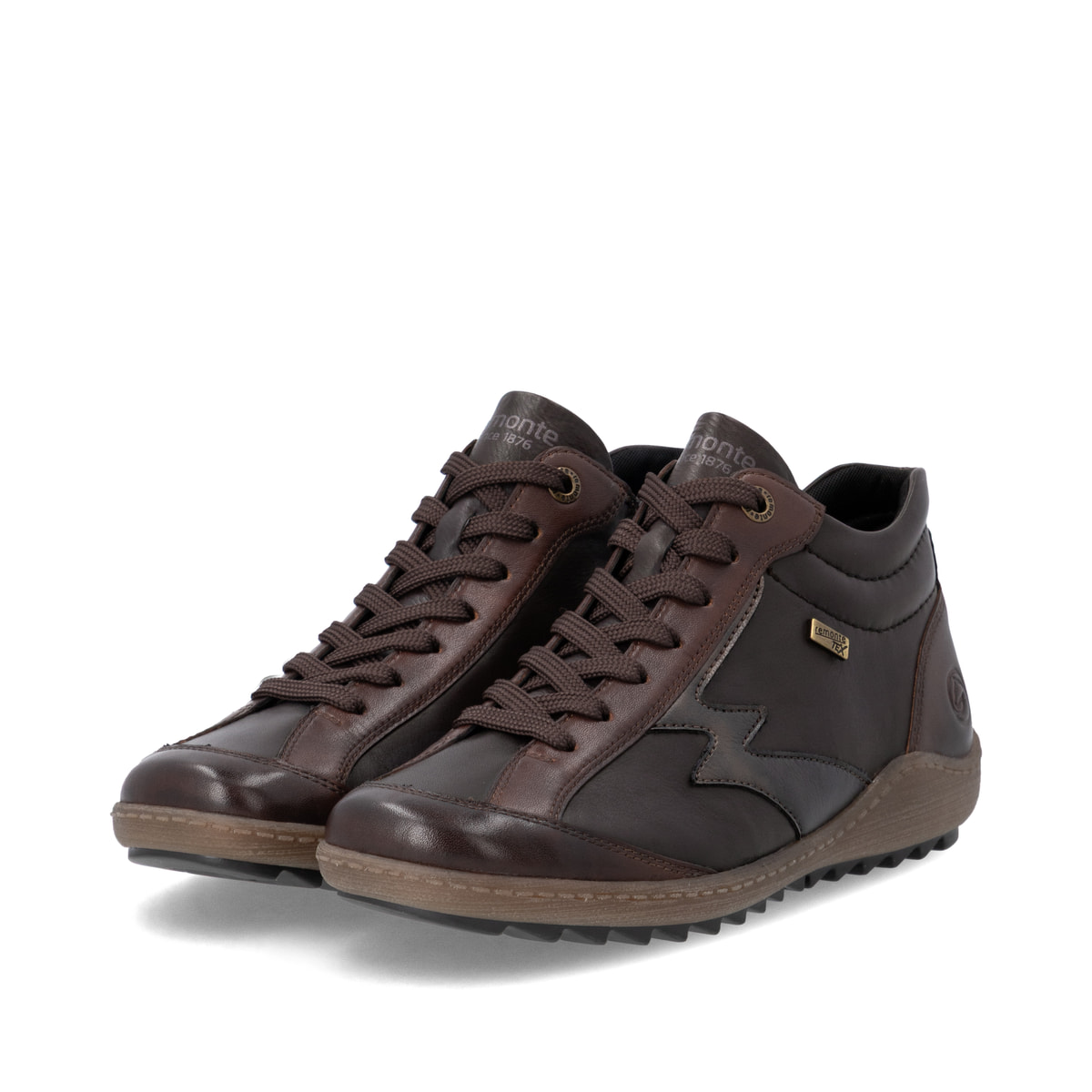 Braun-bronzene remonte Damen Schnürstiefel R1454-26. Schuhpaar seitlich schräg.