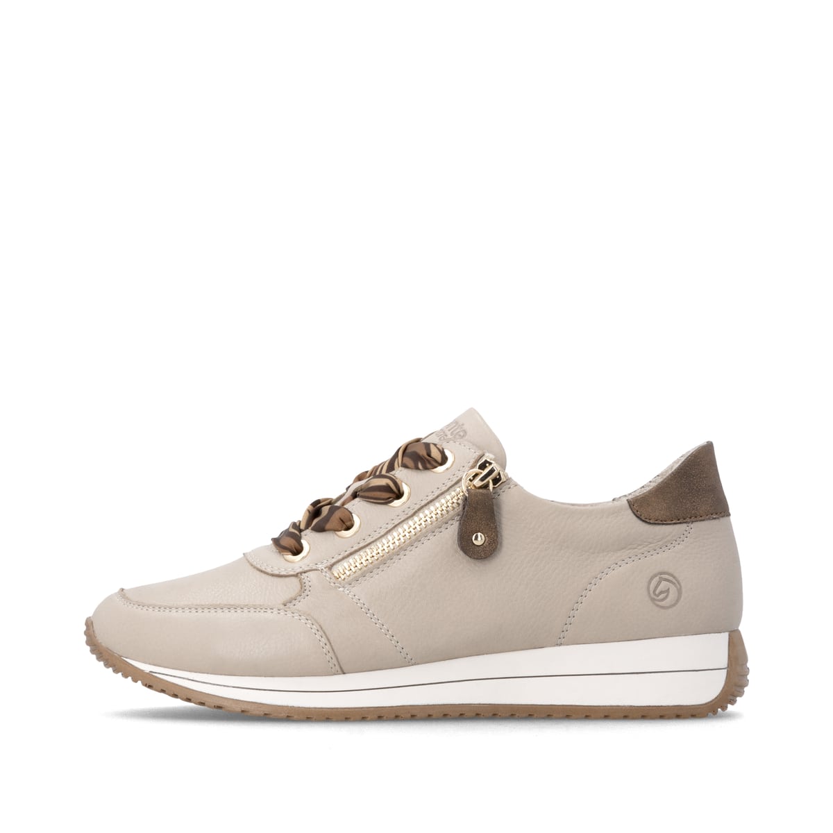Baskets basses remonte beiges pour femmes D0H11-62 avec fermeture éclair. Côté extérieur de la chaussure.