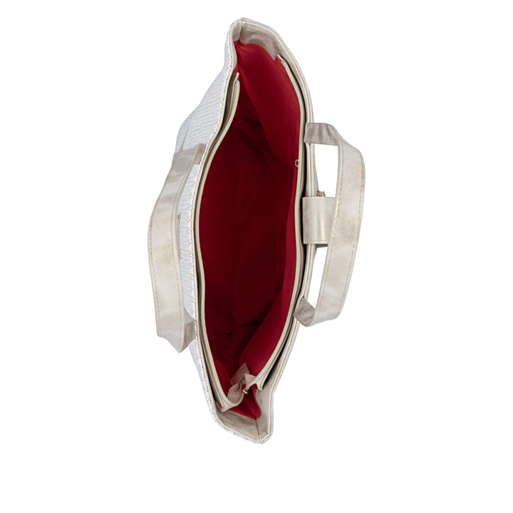 Cabas remonte Q0764-80 blanc avec accents métalliques et fermeture éclair. Ouvert.