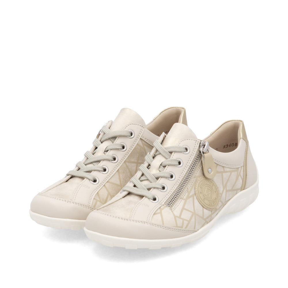 Goldene vegane remonte Damen Schnürschuhe R3408-91 mit einem Reißverschluss. Schuhpaar seitlich schräg.