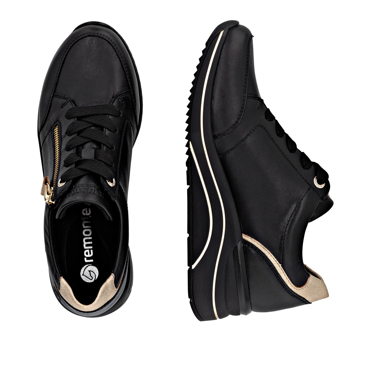Schwarze remonte Damen Sneaker D0T03-03 mit goldenen Details. Schuh von oben, liegend.