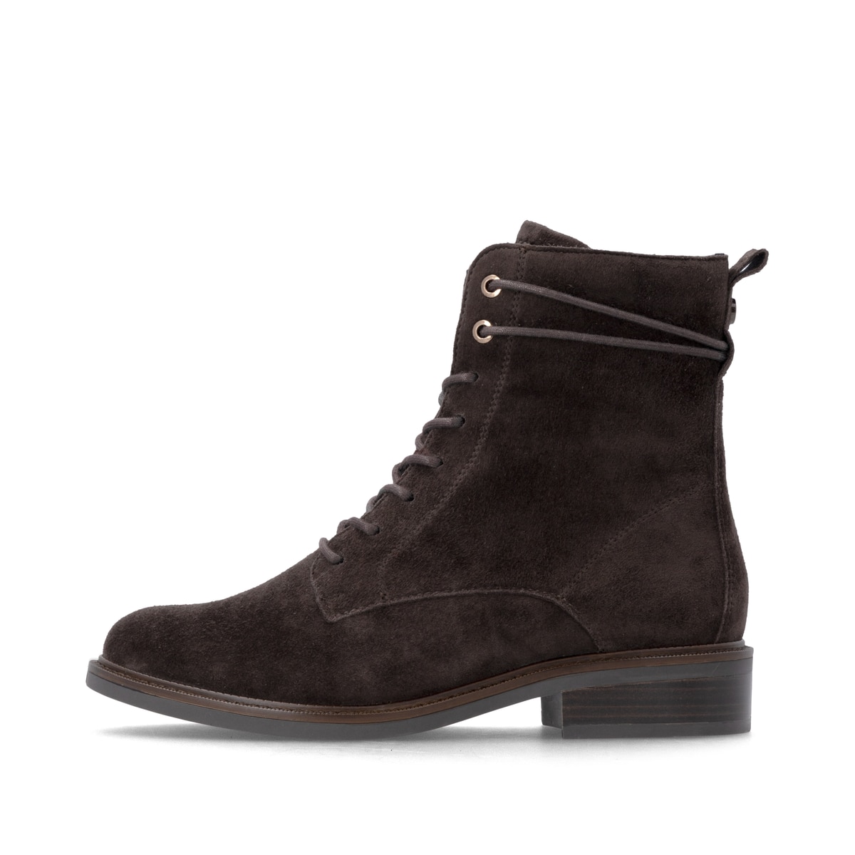 Dunkelbraune remonte Damen Schnürstiefel D2W80-25 mit einem Reißverschluss. Schuh Außenseite.
