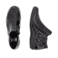 Schwarze remonte Damen Kurzstiefel R7674-04 mit einem Reißverschluss. Schuh von oben, liegend.