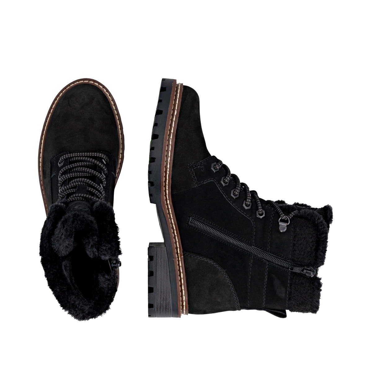 Schwarze remonte Damen Schnürstiefel D0B81-00 mit wasserabweisender TEX-Membran. Schuh von oben, liegend.