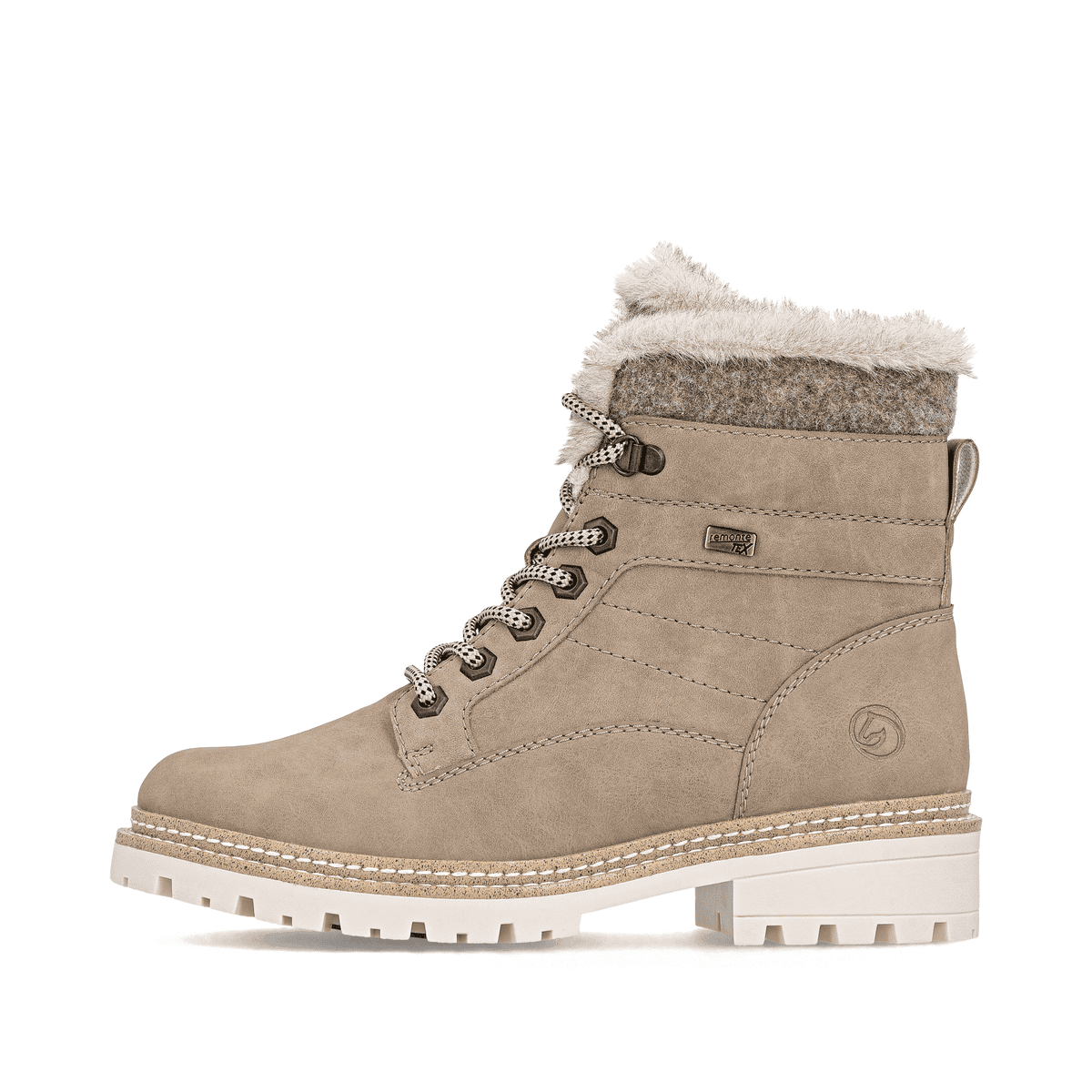 Camelfarbene remonte Damen Schnürstiefel D0B81-20 mit weichem Schaftrand. Schuh Außenseite.