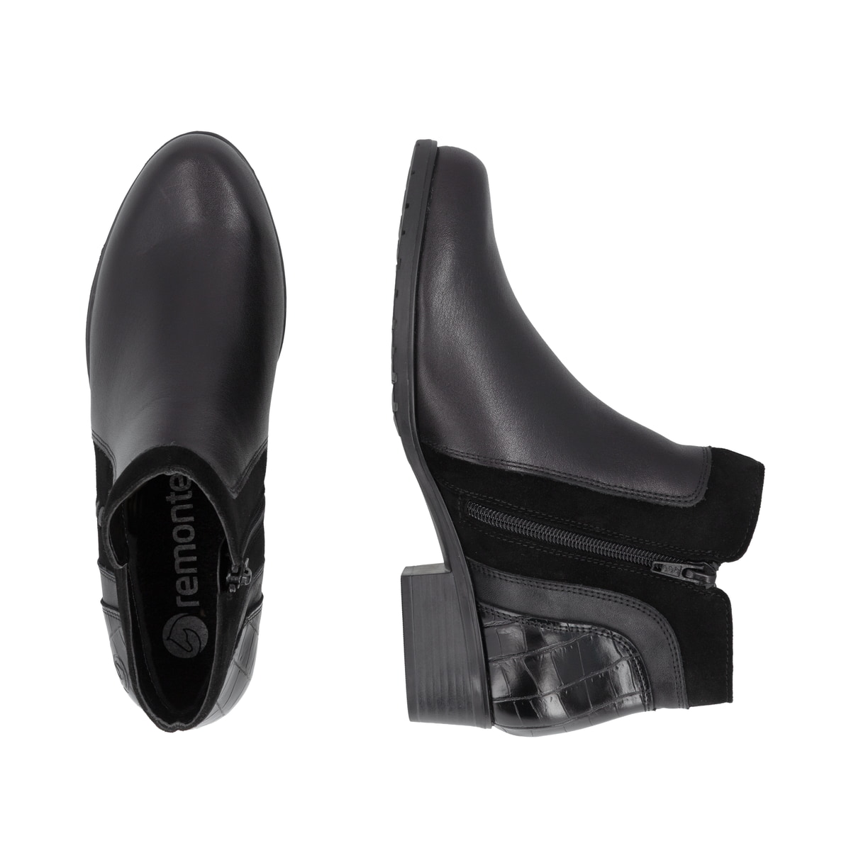Schwarze remonte Damen Kurzstiefel D6893-02 mit einem Reißverschluss. Schuh von oben, liegend.
