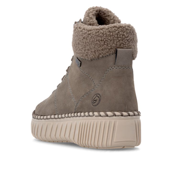 Graue remonte Damen Schnürstiefel D4A74-42 mit wasserabweisender TEX-Membran. Schuh von hinten.