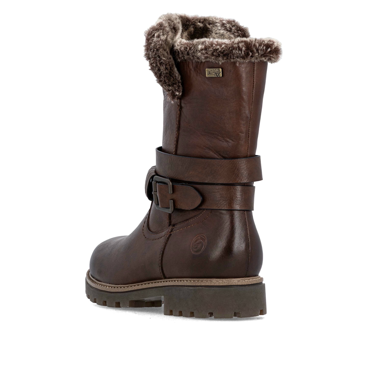 Braune remonte Damen Kurzstiefel D3C72-22 mit wasserabweisender TEX-Membran. Schuh von hinten.