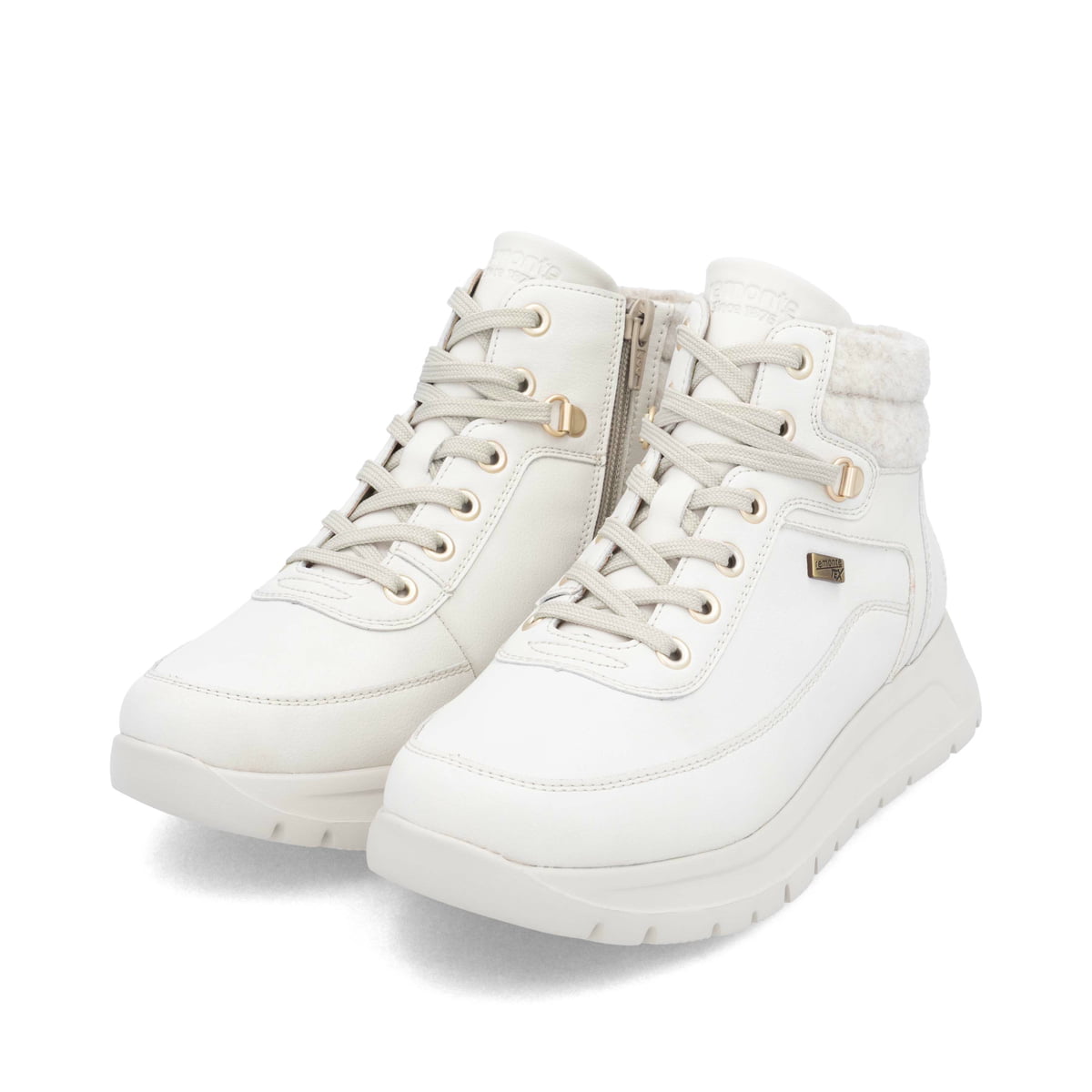 Weiße remonte Damen Kurzstiefel D2V71-80 mit wasserabweisender TEX-Membran. Schuhpaar seitlich schräg.