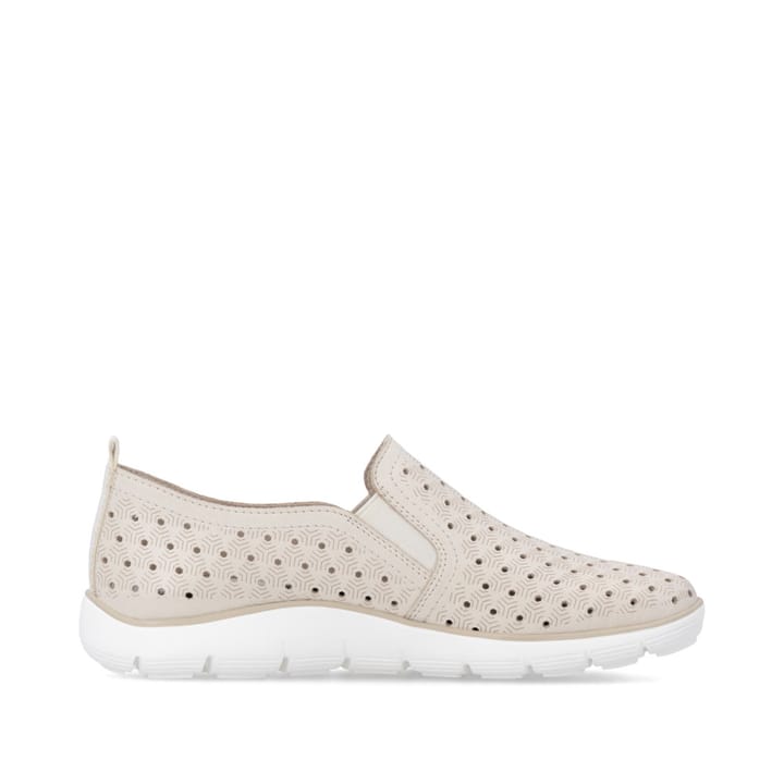 Beige remonte Damen Slipper D3G04-60 mit eleganten Zierlochungen sowie Gummizug. Schuh Innenseite.