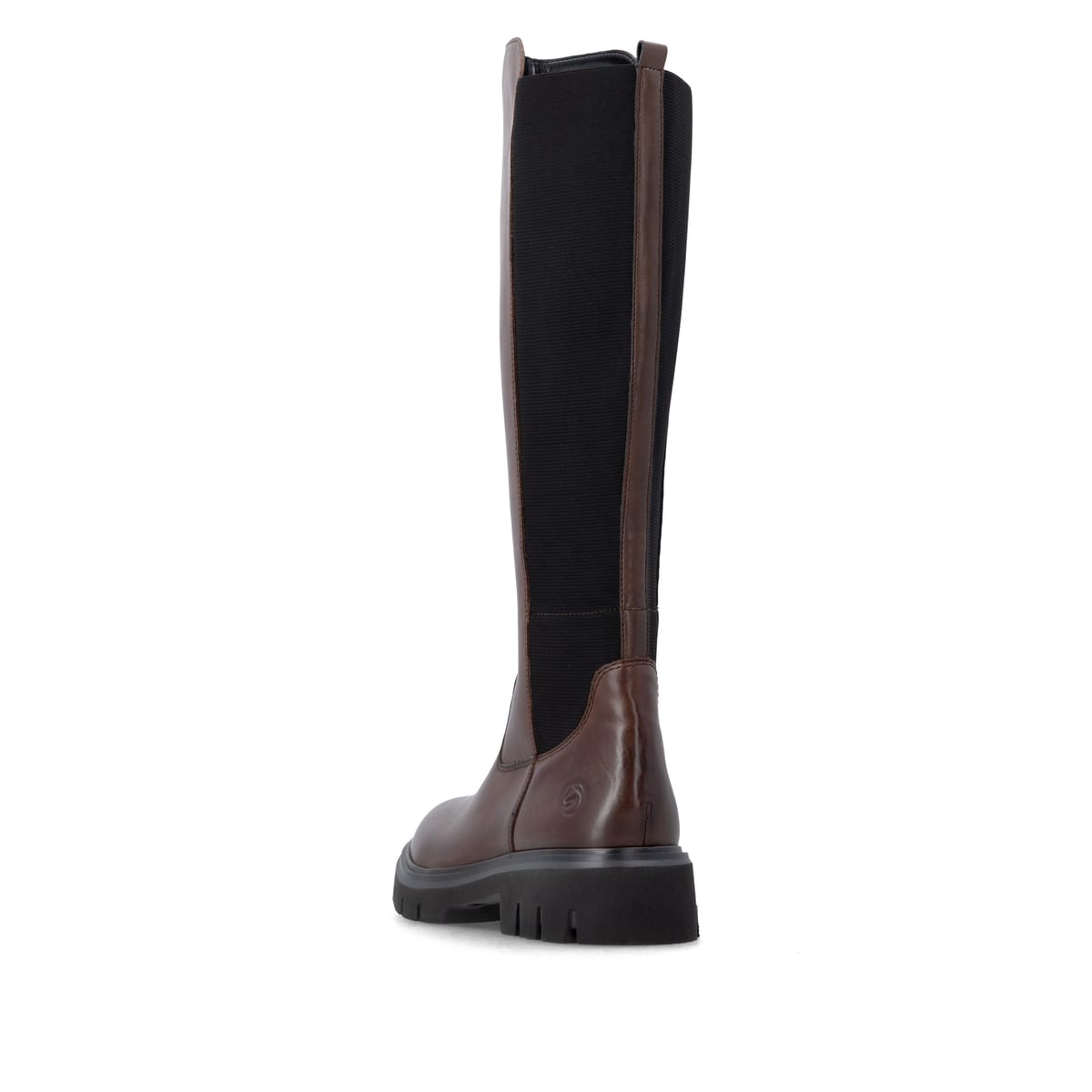 Dunkelbraune remonte Hochschaftstiefel D1W77-25 mit einem Reißverschluss. Schuh von hinten.