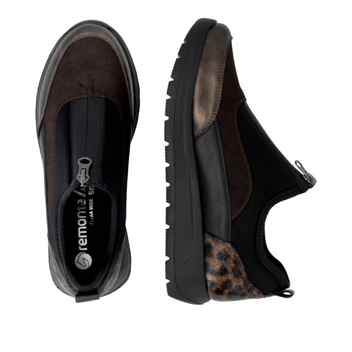 Vegane, schwarz-bronzene remonte Damen Slipper D2V01-05 mit der lightsole+. Schuh von oben, liegend.
