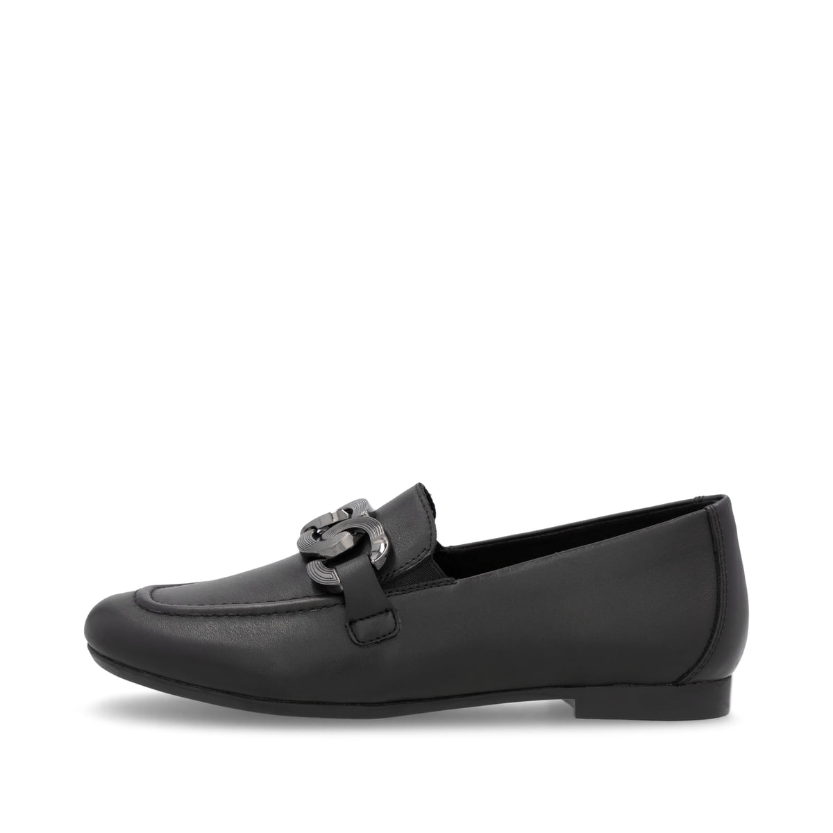 Schwarze remonte Damen Loafer D0K09-00 mit einem Gummizug. Schuh Außenseite.