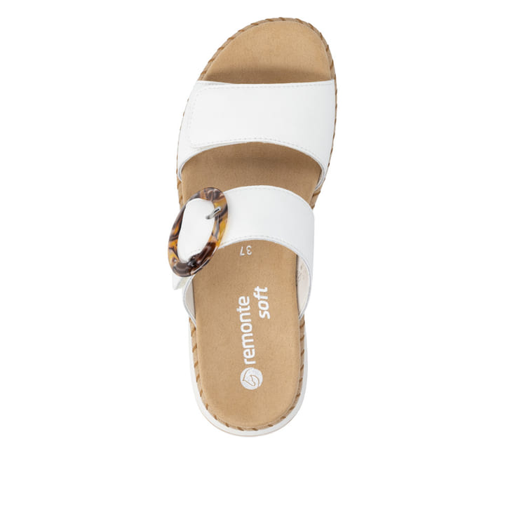 Weiße remonte Damen Pantoletten D3J51-80 mit trendiger Schnalle. Schuh von oben.