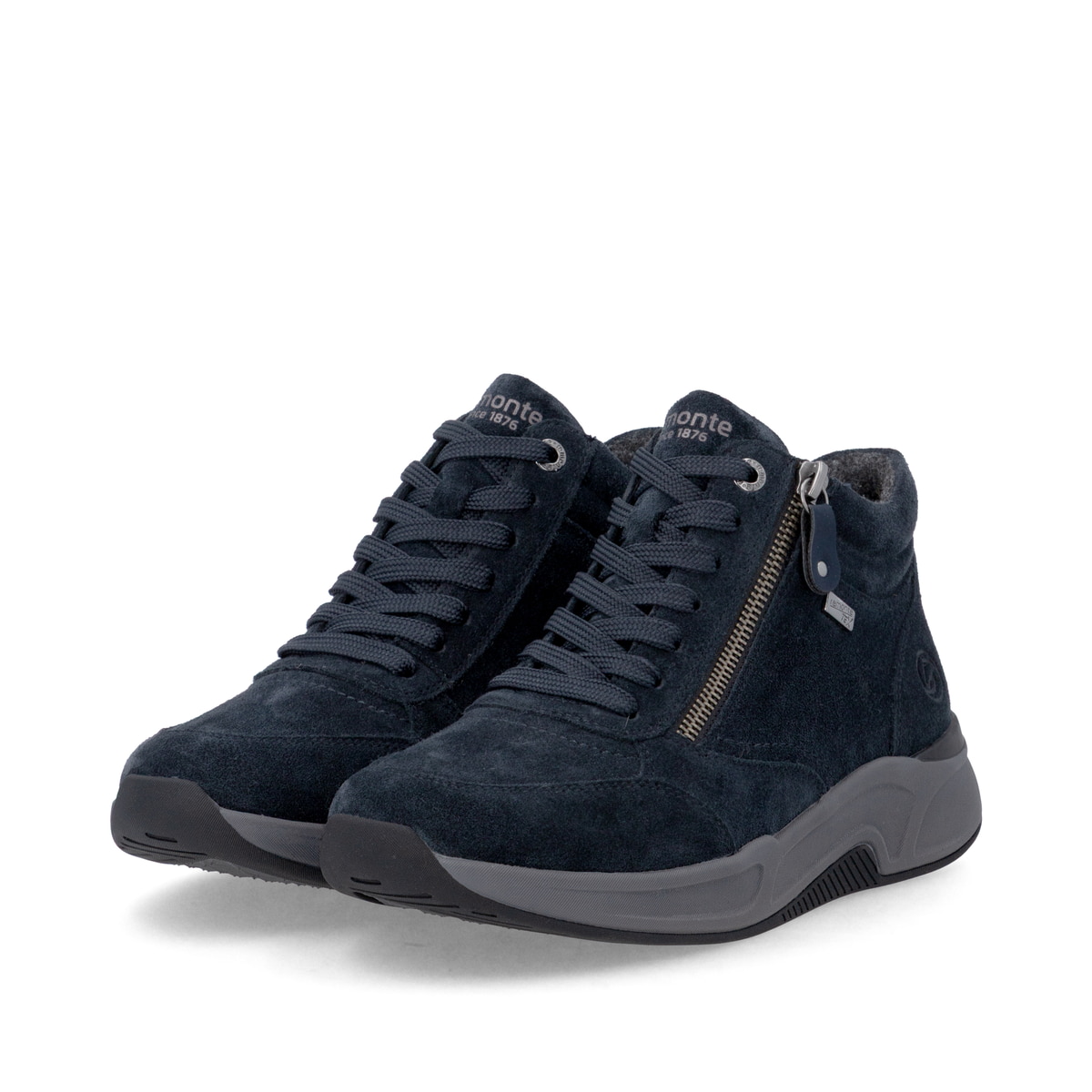 Dunkelblaue remonte Damen Sneaker D3V71-14 mit wasserabweisender TEX-Membran. Schuhpaar seitlich schräg.
