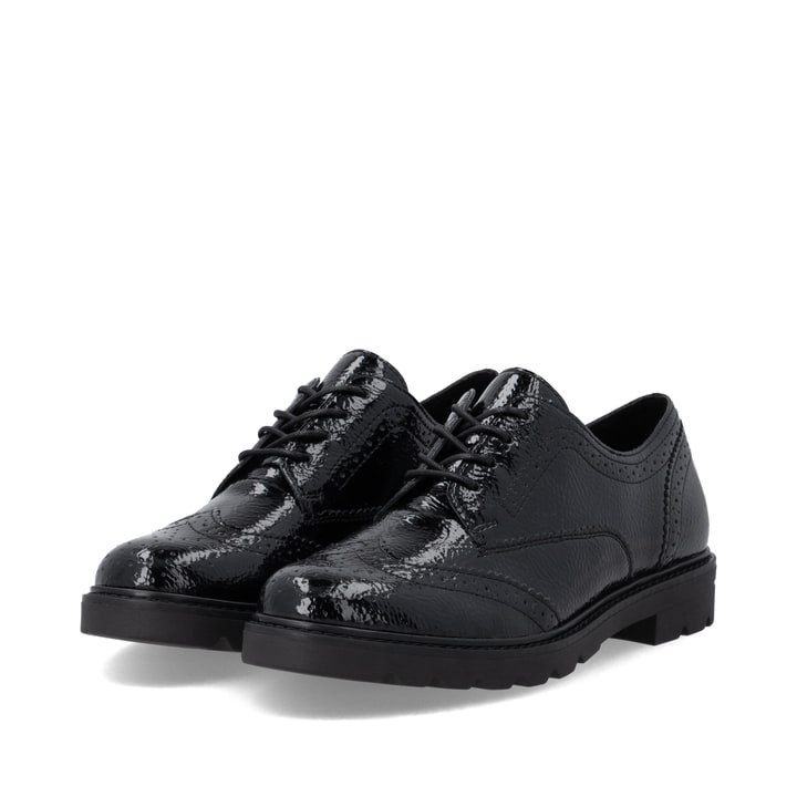Schwarze remonte Damen Schnürschuhe D2Q04-02 mit einer gepolsterten Einlegesohle. Schuhpaar seitlich schräg.
