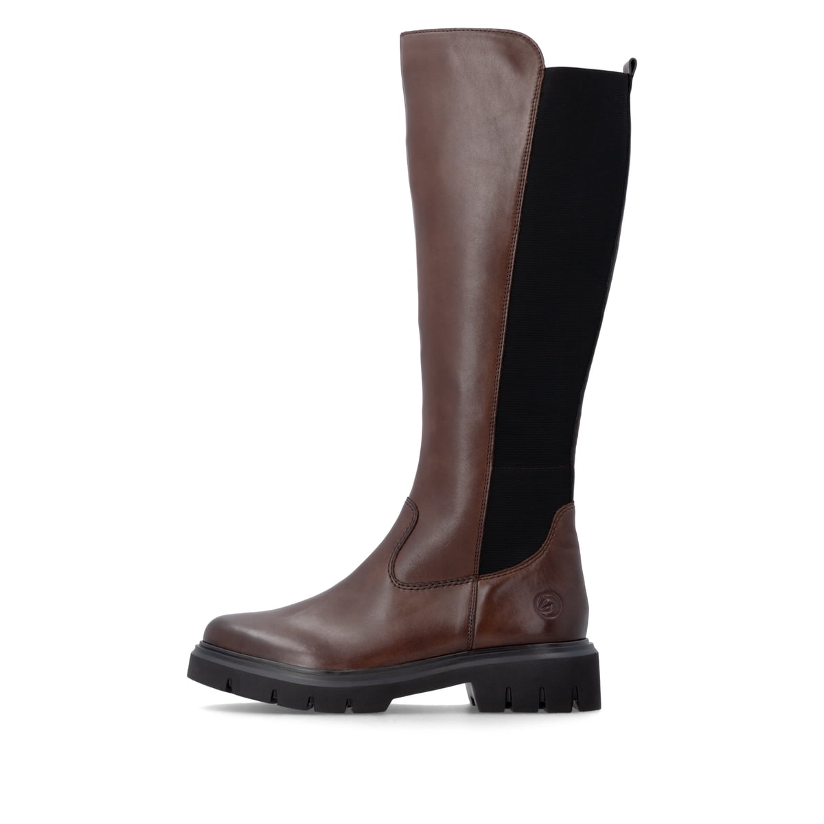Dunkelbraune remonte Hochschaftstiefel D1W77-25 mit einem Reißverschluss. Schuh Außenseite.