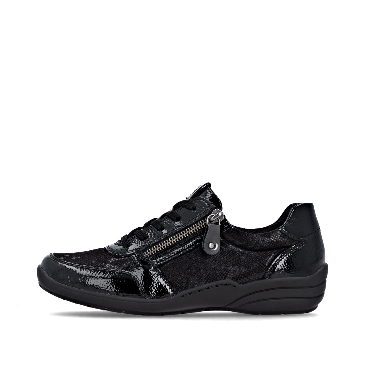 Baskets basses remonte noires pour femme R7637-04 avec fermeture éclair. Côté extérieur de la chaussure.
