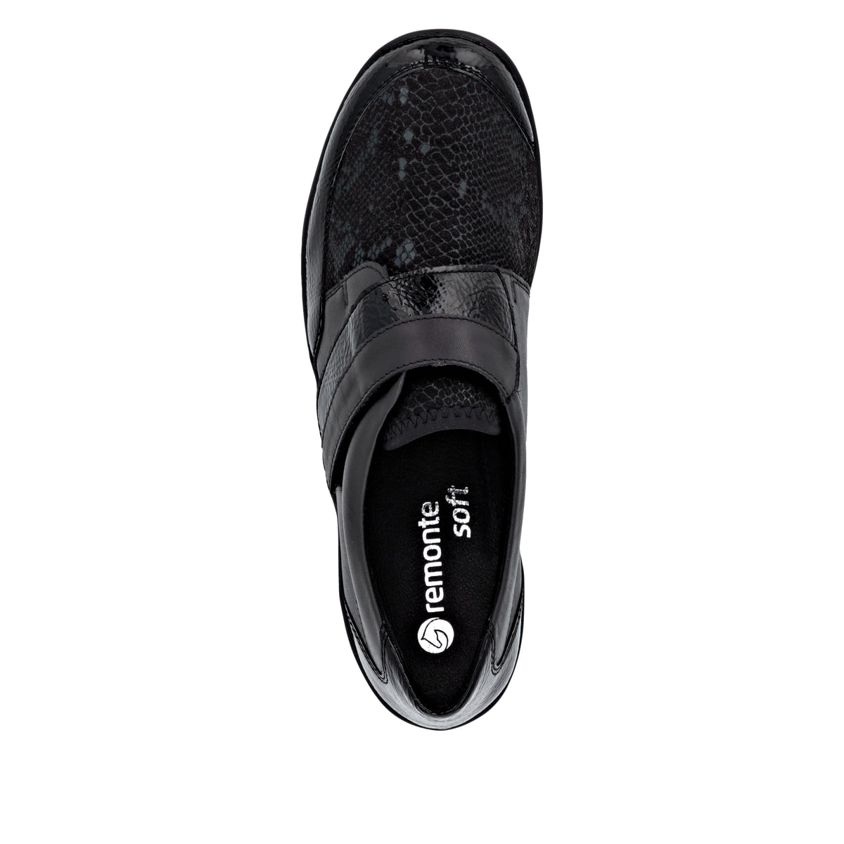 Mocassins remonte noirs pour femme R7600-00 avec fermeture velcro. Semelle extérieure de la chaussure.