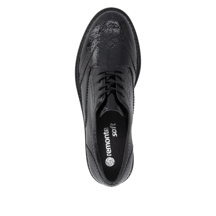 Schwarze remonte Damen Schnürschuhe D2Q04-02 mit einer gepolsterten Einlegesohle. Schuh von oben.