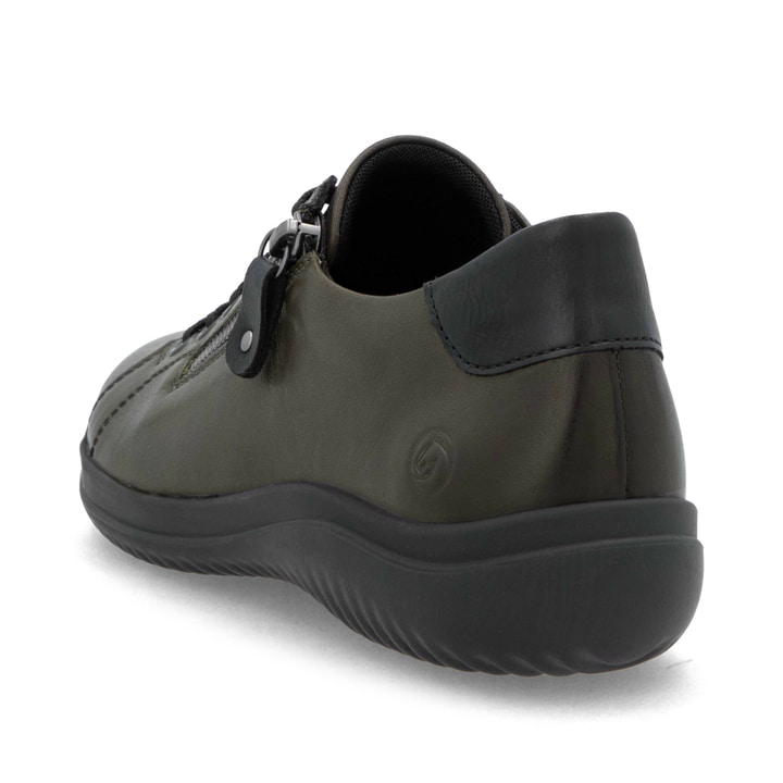Grünschwarze remonte Damen Schnürschuhe D1E03-53 mit einem Reißverschluss. Schuh von hinten.