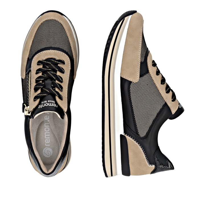 Schwarze remonte Damen Sneaker D1328-04 mit Reißverschluss sowie Komfortweite G. Schuh von oben, liegend.