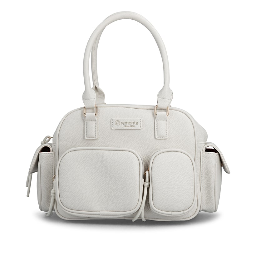 Sac à main remonte Q0769-60 blanc avec finitions métalliques et fermeture éclair. Devant.