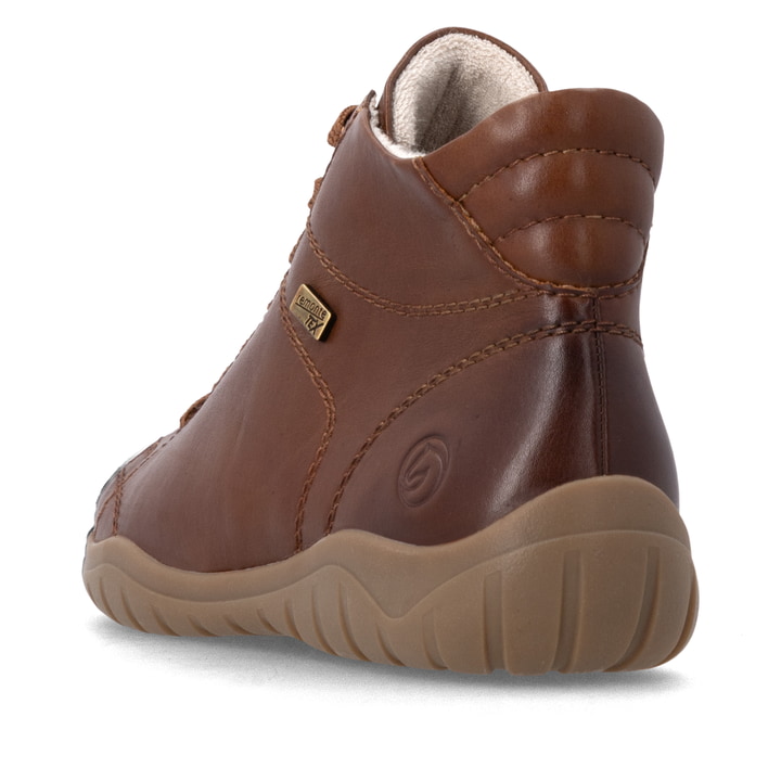 Braune remonte Damen Schnürstiefel D3T70-24 mit wasserabweisender TEX-Membran. Schuh von hinten.
