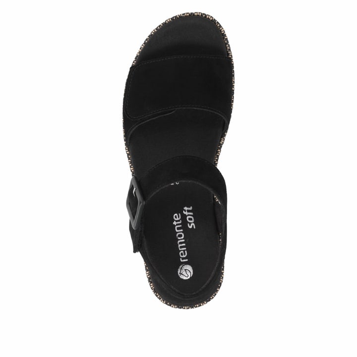Schwarze remonte Keilsandaletten D1N54-01 mit einem Klettverschluss. Schuh von oben.