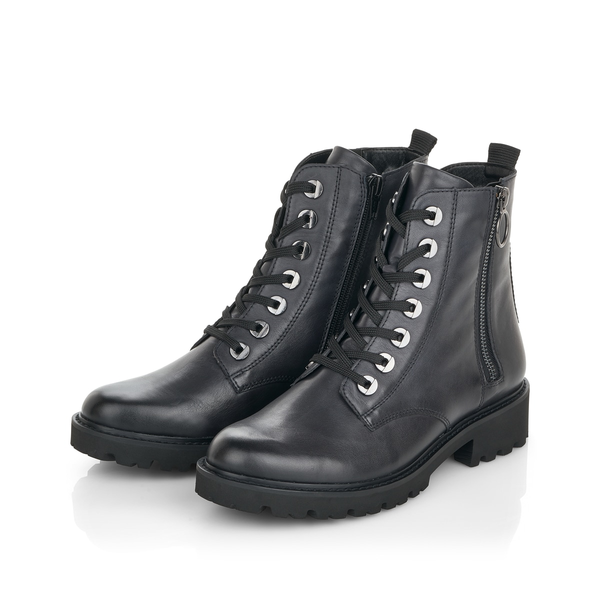 Dunkelblaue remonte Damen Biker Boots D8671-14 mit Schnürung und Reißverschluss. Schuhpaar schräg.