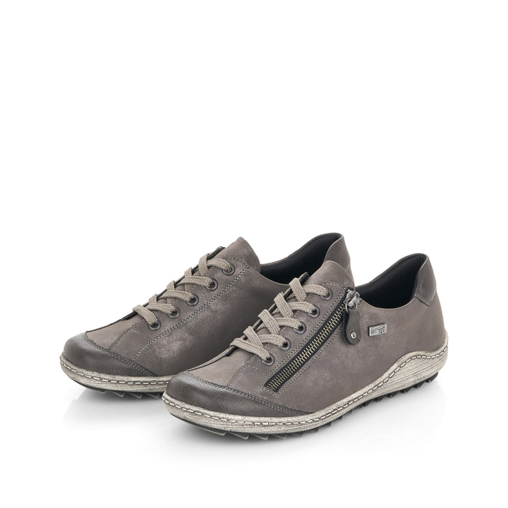 Graue remonte Damen Schnürschuhe R1402-44 mit wasserabweisender TEX-Membran. Schuhpaar seitlich schräg.