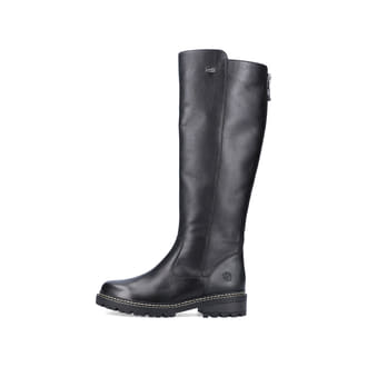 
Asphaltschwarze remonte Damen Hochschaftstiefel D0B72-01 mit einer Profilsohle. Schuh Außenseite