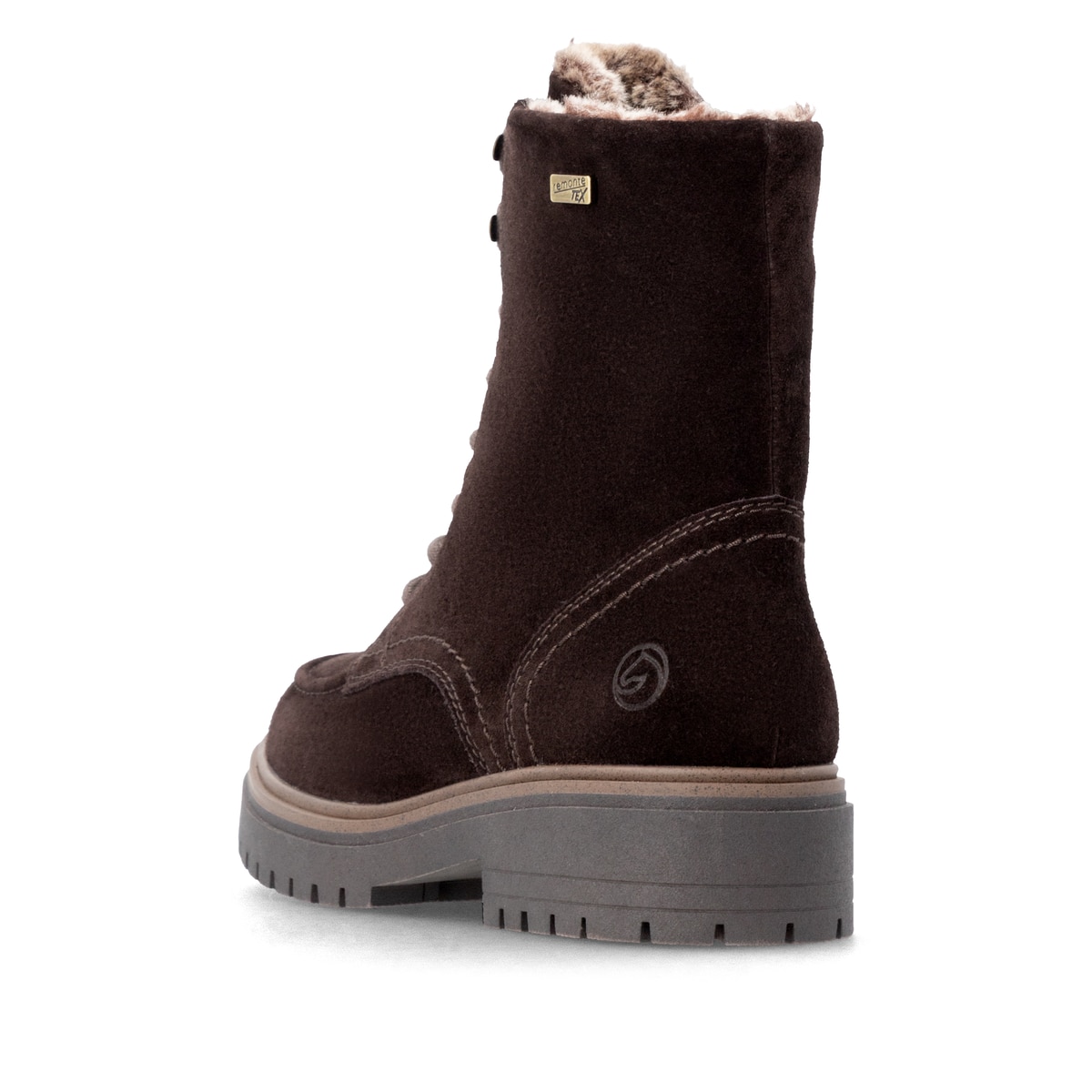 Dunkelbraune remonte Damen Schnürstiefel D4B70-25. Schuh von hinten.