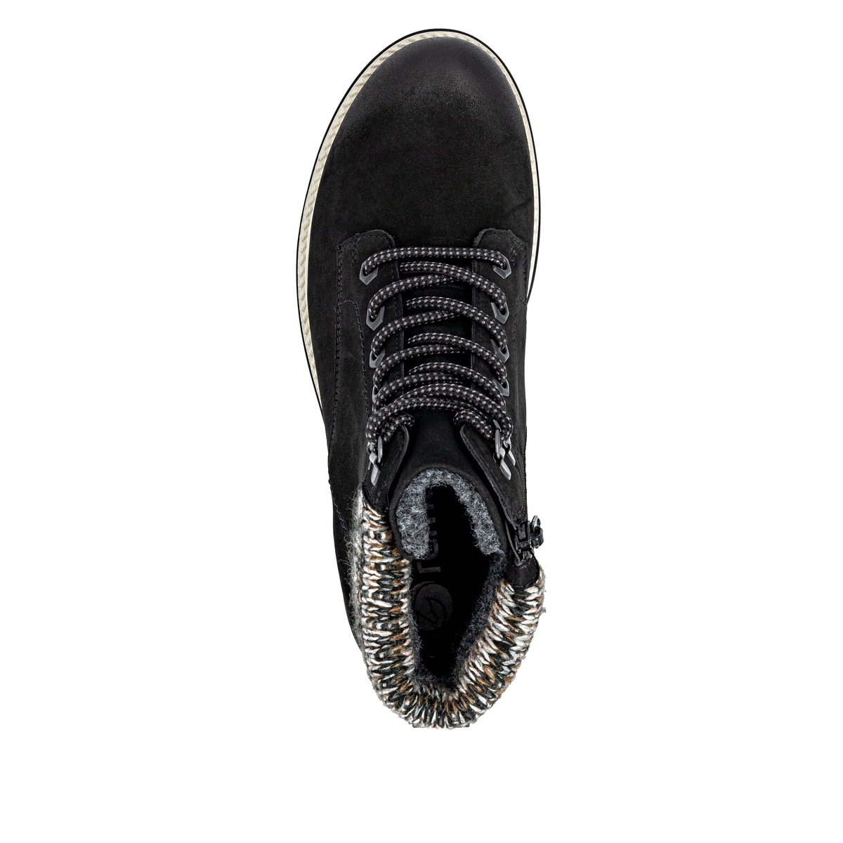 Schwarze remonte Damen Schnürstiefel D8487-03 mit wasserabweisender TEX-Membran. Schuh von oben.