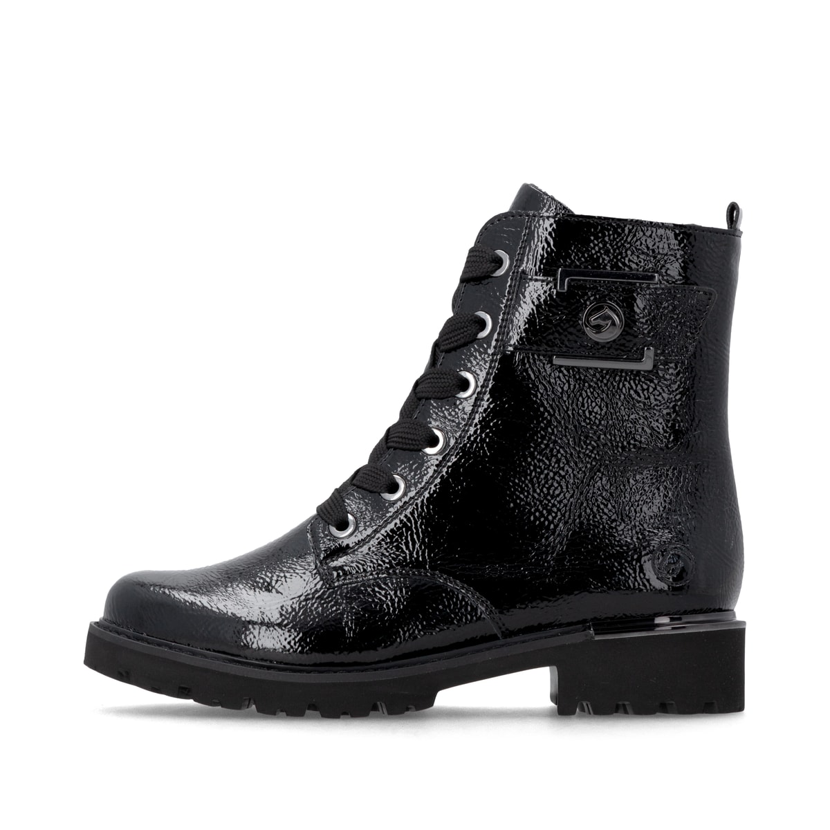 Vegane, schwarze remonte Damen Schnürstiefel D8683-03 mit einem Reißverschluss. Schuh Außenseite.