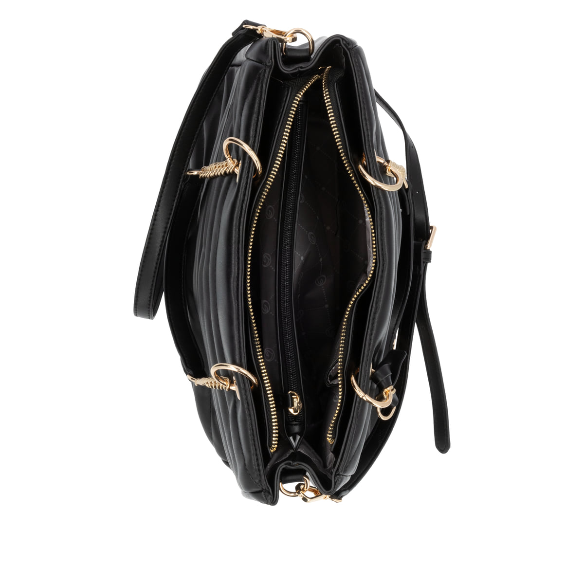 Shoppe jetzt die remonte Handtasche Q0711-00 in Schwarz mit Reißverschluss, Handyfach, Kettendetails und Logo-Anhänger in Gold. Geöffnet.