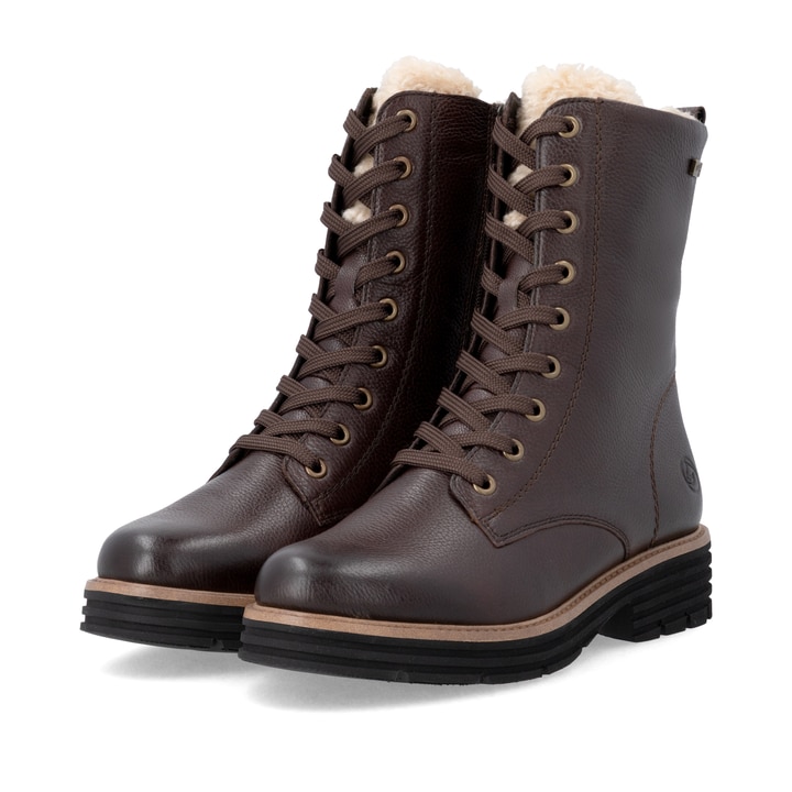 Dunkelbraune remonte Damen Schnürstiefel D3A73-25. Schuhpaar seitlich schräg.
