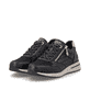 Vegane, schwarze remonte Damen Sneaker D1G08-07 mit goldenen Details. Schuhpaar seitlich schräg.