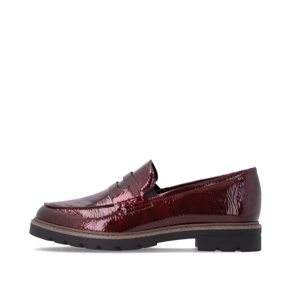 Weinrote remonte Damen Loafer D2Q05-35 mit einem Gummizug. Schuh Außenseite.
