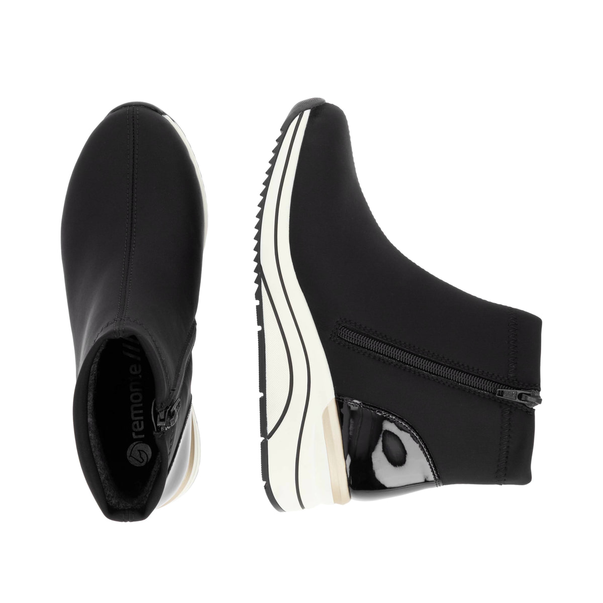 Schwarze remonte Damen Kurzstiefel D0T73-03 mit wasserabweisender TEX-Membran. Schuh von oben, liegend.