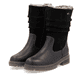 Tiefschwarze remonte Damen Kurzstiefel D0B80-00 mit griffiger Glass-Fibre Sohle. Schuhpaar seitlich schräg.