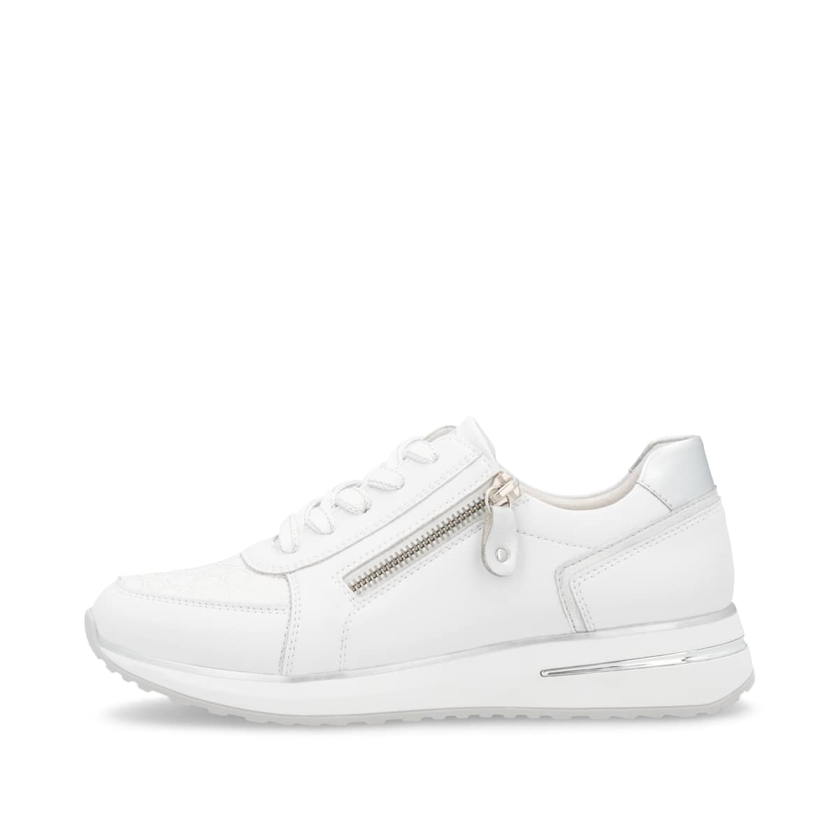 Weiße remonte Damen Sneaker Low D1G10-80 mit einem Reißverschluss. Schuh Außenseite.