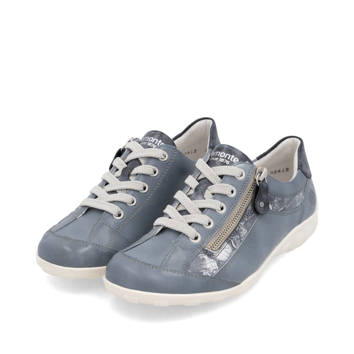 Blaue remonte Damen Schnürschuhe R3412-14 mit einem Reißverschluss. Schuhpaar seitlich schräg.