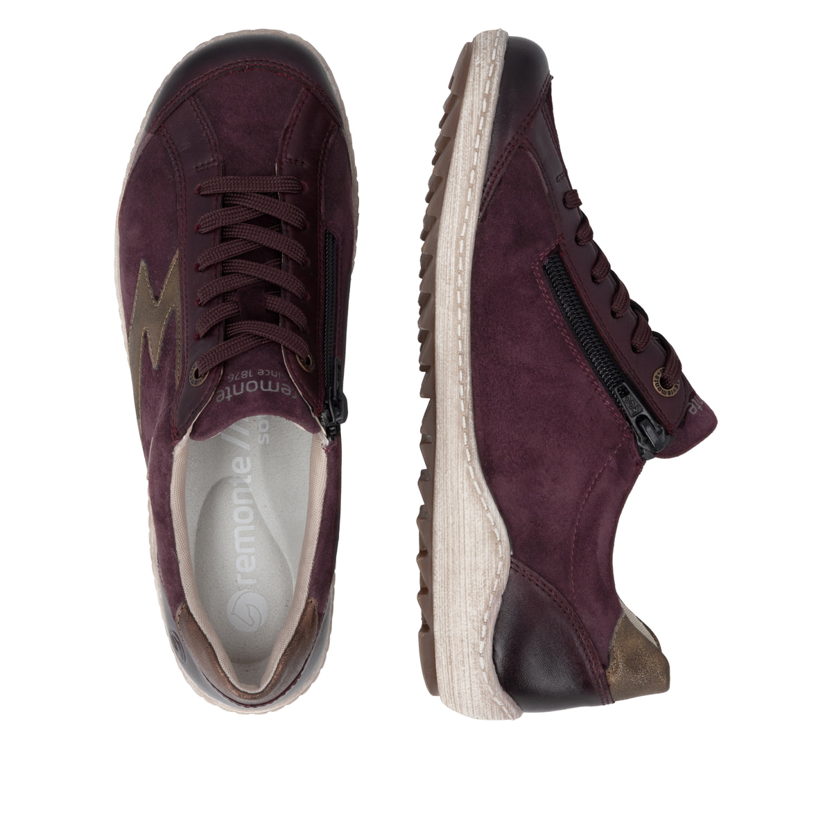 Weinrot-bronzene remonte Damen Schnürschuhe R1443-35. Schuh von oben, liegend.