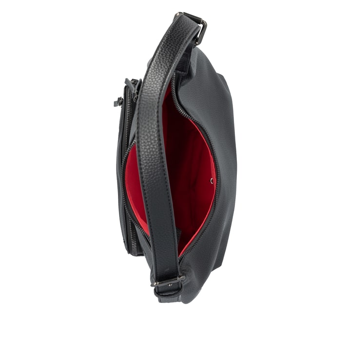 Sac bandoulière remonte Q0725-00 en noir avec un compartiment principal spacieux, fermeture éclair et deux poches extérieures. Ouvert.