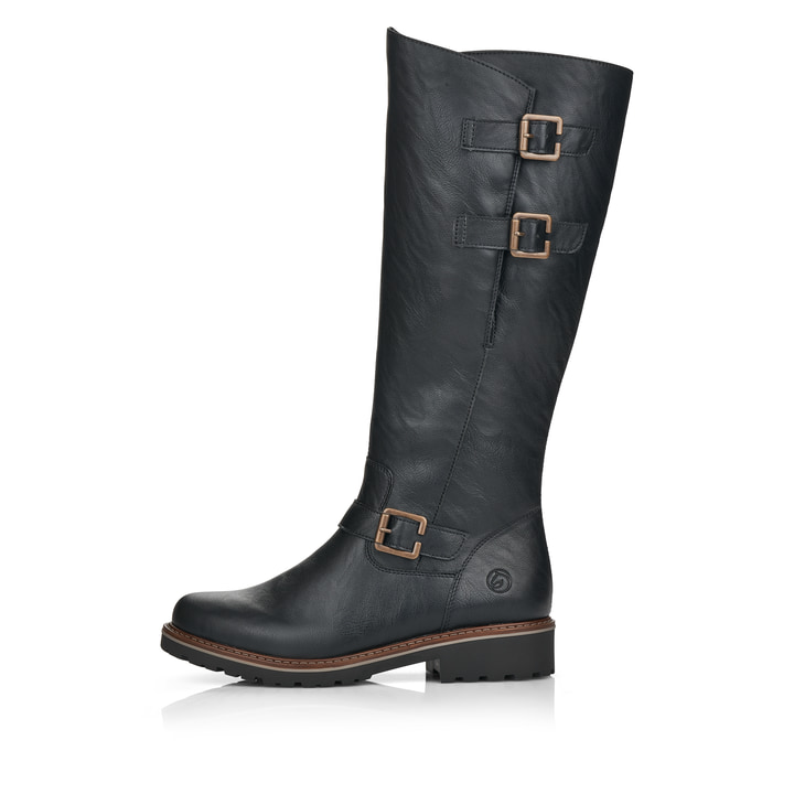 
Nachtschwarze remonte Damen Hochschaftstiefel R6590-01 mit einer Profilsohle. Schuh Außenseite