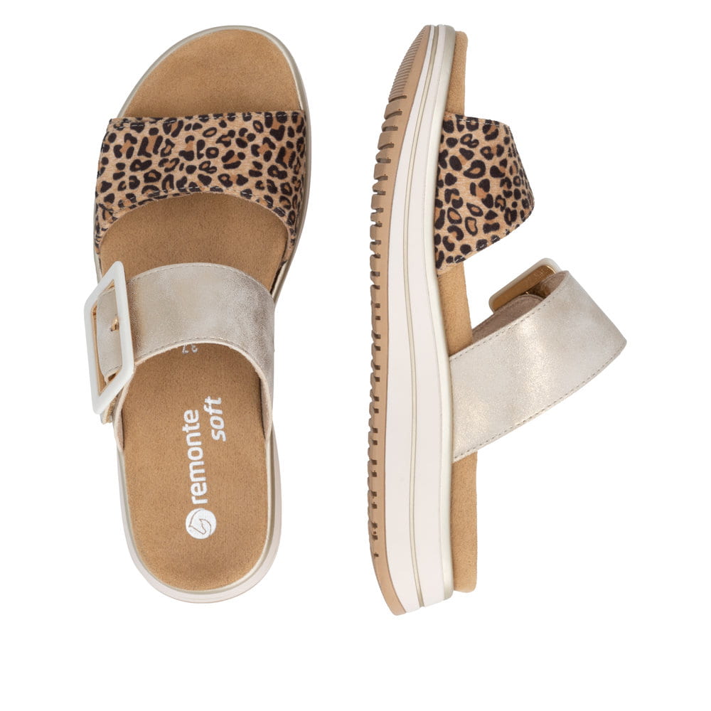 Goldene vegane remonte Damen Pantoletten D1J61-91 mit angesagtem Animal-Print. Schuh von oben, liegend.