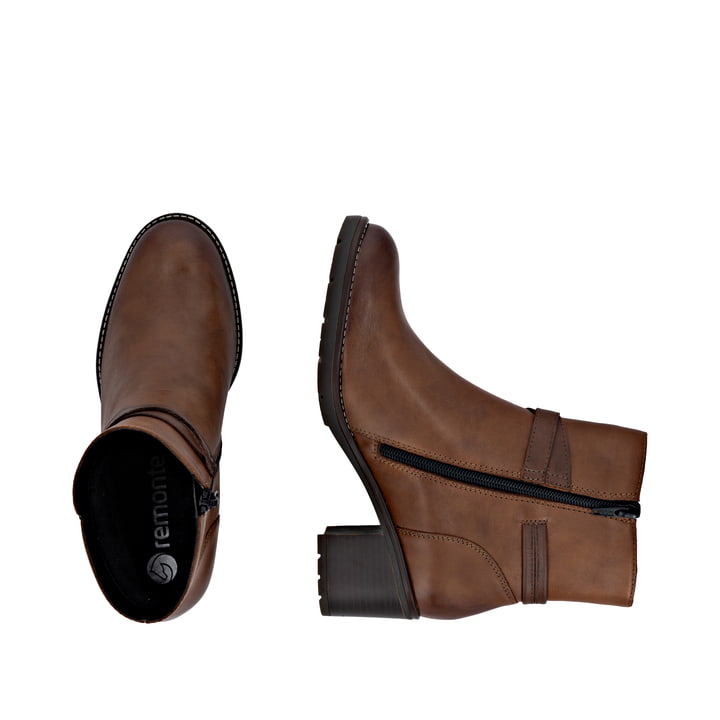 Braune remonte Damen Stiefeletten D2A73-25 mit einem Reißverschluss. Schuh von oben, liegend.